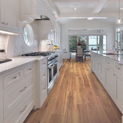 wood look laminate floors in a large kitchen